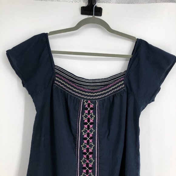 Roxy Navy Off The Shoulder Square Neck Bohemian Embroidered Top size ~L - Picture 3 of 13